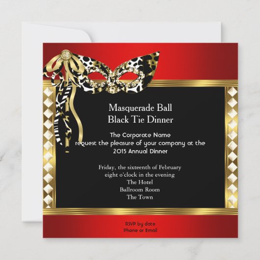 Tuxedo Red Gold Black Krawatte Masquerade Ball Einladung (Rückseite)
