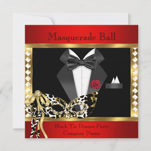 Tuxedo Red Gold Black Krawatte Masquerade Ball Einladung (Vorderseite)