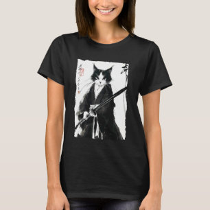 Tuxedo-Samurai-Katze, japanische Tuschmalerei Schw T-Shirt