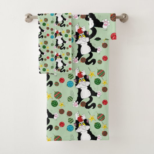 Tuxedo Schwarz-weiße Weihnachtskatze Badhandtuch Set (Insitu)