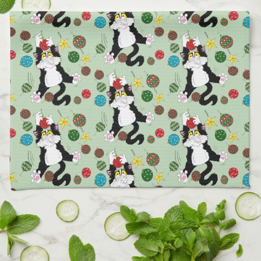 Tuxedo Schwarz-weiße Weihnachtskatze Geschirrtuch (Gefaltet)