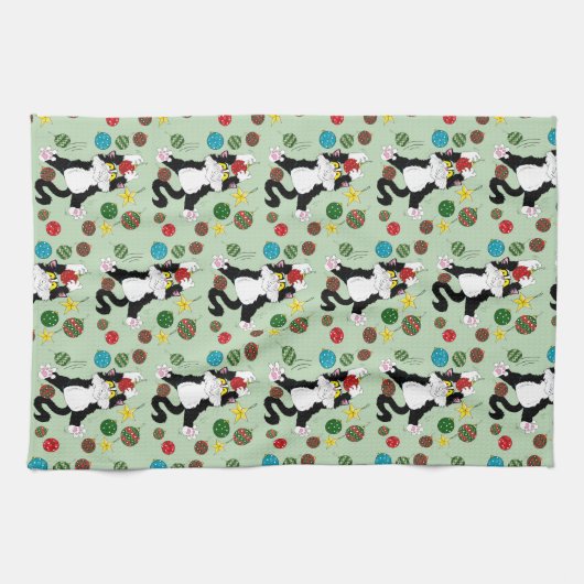 Tuxedo Schwarz-weiße Weihnachtskatze Geschirrtuch (Horizontal)