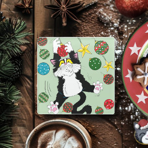 Tuxedo Schwarz-weiße Weihnachtskatze Glasuntersetzer
