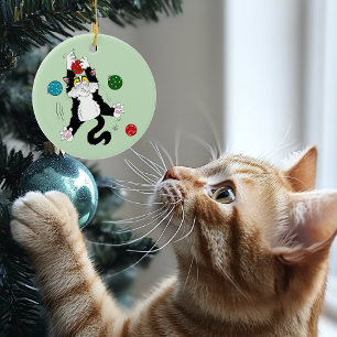 Tuxedo Schwarz-weiße Weihnachtskatze Keramik Ornament