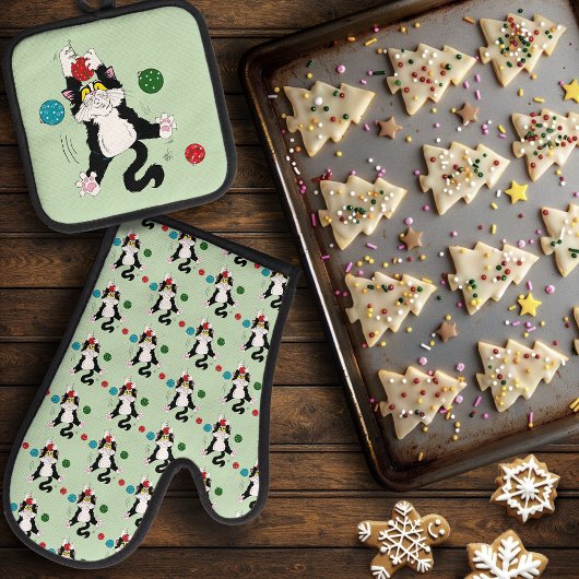 Tuxedo Schwarz-weiße Weihnachtskatze Ofenhandschuh & Topflappen-Set