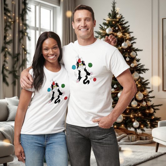 Tuxedo Schwarz-weiße Weihnachtskatze T-Shirt