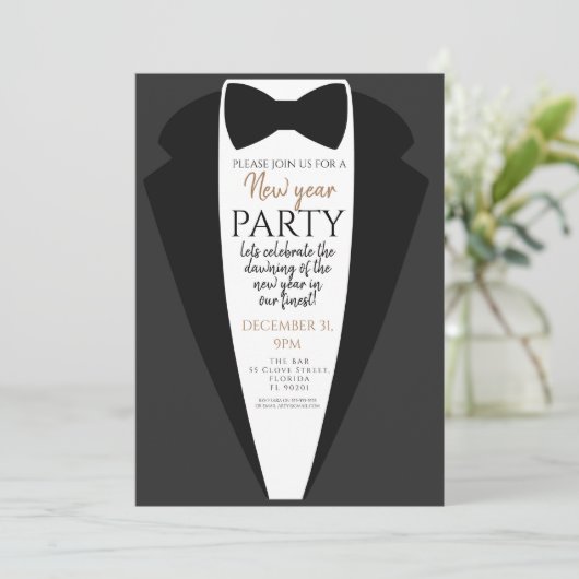 Tuxedo, Schwarze Krawatte neues Jahr Party PTO PTA Einladung (Stehend Vorderseite)