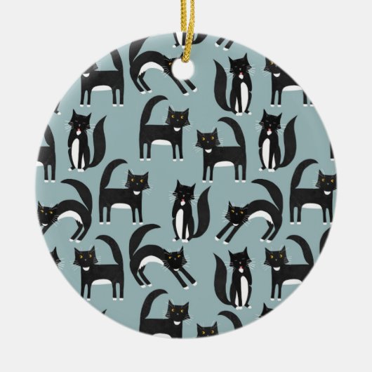 Tuxedo Schwarze und Weiße Katzen Keramik Ornament (Vorne)
