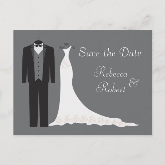 Tuxedo und Gown Wedding Save the Date Postcard Ankündigungspostkarte (Vorderseite)