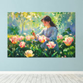 *~* TV2 Garden Tulips Girl Stretched Canvas Print Leinwanddruck (Insitu (Holzboden))