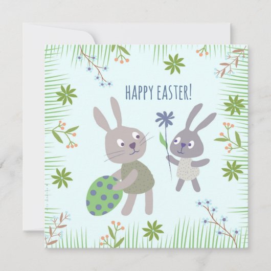 Twee paashaasjes met ei en bloem. karte (Vorderseite)