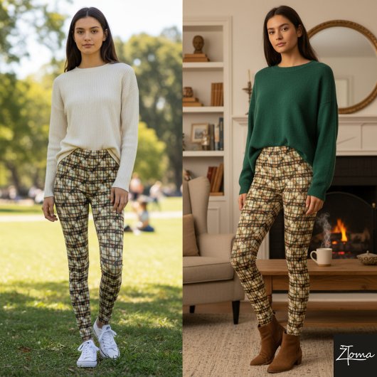 Tweed-Diagonal-Kariert Erdtöne Fein Leggings