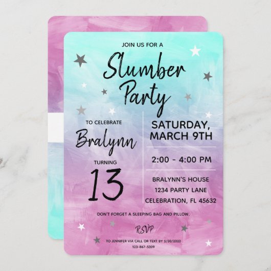 Tween Girl - Slumber Party Wasserfarbe Einladung (Vorne/Hinten)