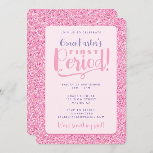 Tween Pink Glitzer Niedlich Girly First Period Par Einladung (Vorne/Hinten)