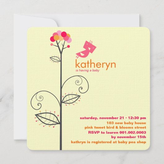 Tweet Bird Pink Bloom Dots Tree Chic Baby Dusche Einladung (Vorderseite)