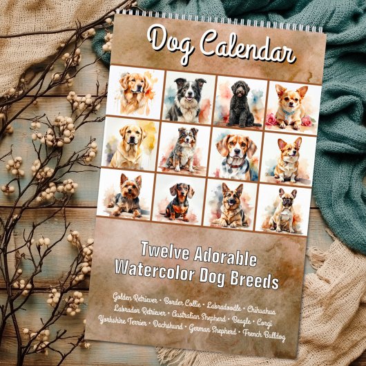 Twelve Adorable Watercolor Dog Breeds Calendar Kalender