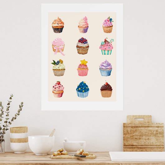 Twelve Watercolor Cupcakes Poster (Küche)