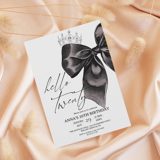 Twenty Black Bow 20th Birthday Invitation Einladung