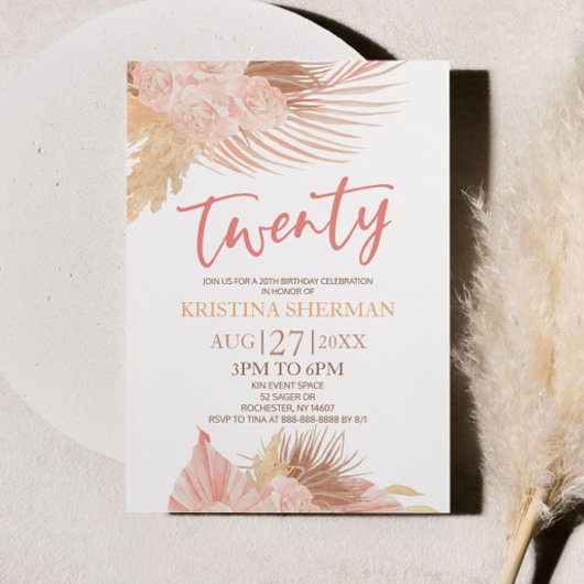 Twenty Boho Pink Floral Flower 20th Birthday Party Einladung