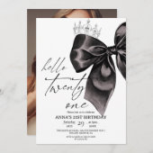 Twenty one Black Bow 21st Birthday Invitation Einladung (Vorne/Hinten)