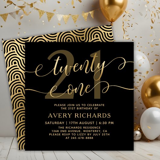 Twenty One Elegant Gold Script Black 21st Birthday Einladung