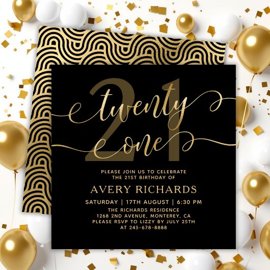 Twenty One Elegant Gold Script Black 21st Birthday Einladung