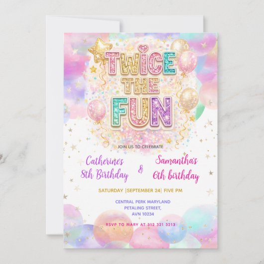 Twice the Fun Pastel Glitter Double Birthday Einladung (Vorderseite)