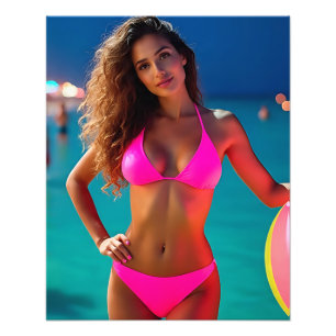 Twilight Beach Portrait - Frau in Neon Pink Bikin Fotodruck