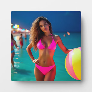 Twilight Beach Portrait - Frau in Neon Pink Bikin Fotoplatte