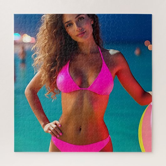 Twilight Beach Portrait - Frau in Neon Pink Bikin Puzzle (Vertikal)