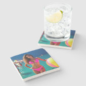 Twilight Beach Portrait - Frau in Neon Pink Bikin Steinuntersetzer (Seitenansicht)