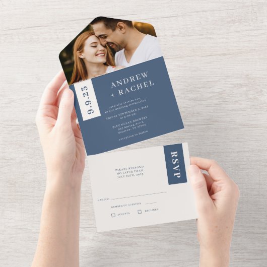 Twilight Blue Blocks Wedding Foto All In One Einladung (Abreißen)