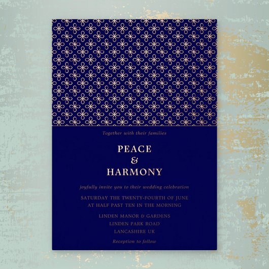 Twilight Charms Rose Gold Navy Blue Wedding Folieneinladung