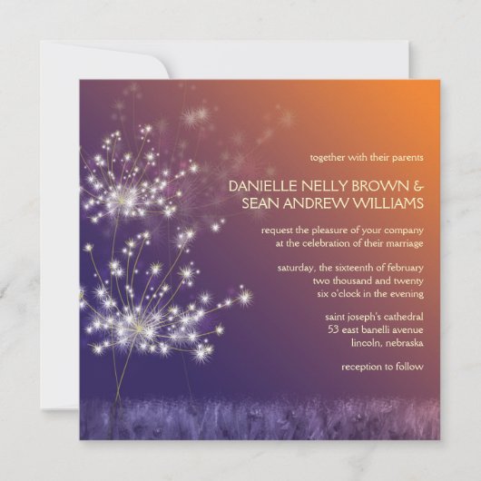 Twilight Dandelions Floral Wedding Einladung (Vorderseite)