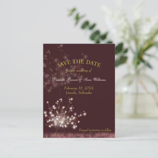 Twilight Dandelions Wedding Save the Date Ankündigungspostkarte (Stehend Vorderseite)