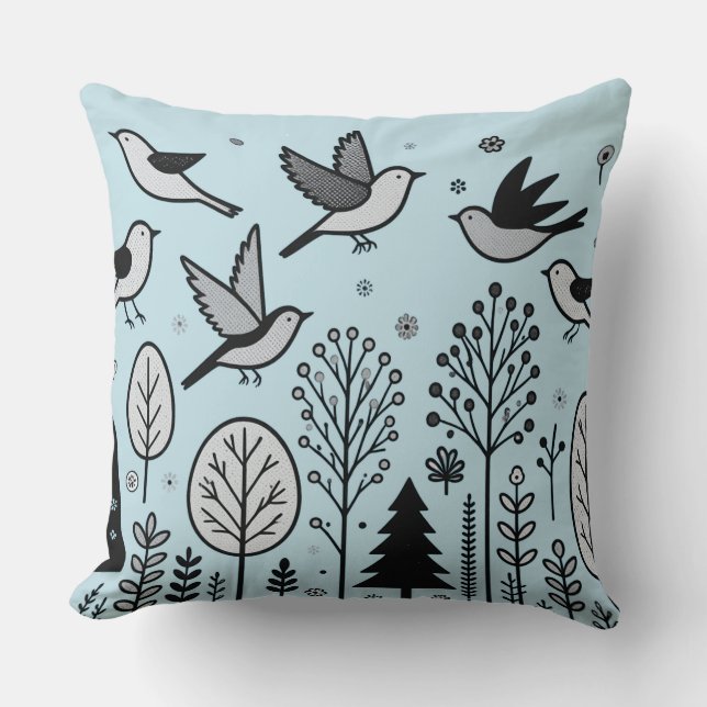 Twilight Forest Birds Hellblau Kissen (Vorderseite)