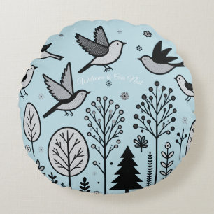 Twilight Forest Birds Hellblau Rundes Kissen