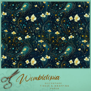 Twilight Garden Navy Blue, Gold Floral Decoupage Seidenpapier
