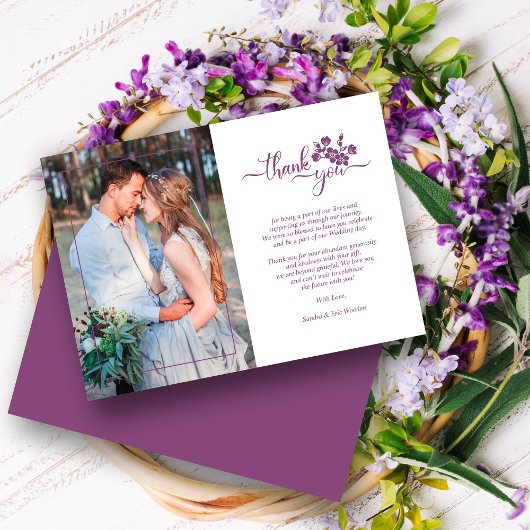 Twilight Lavender Floral Wreath Photo Wedding Dankeskarte