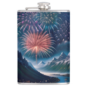 Twilight Mountain mit Feuerwerk Flachmann