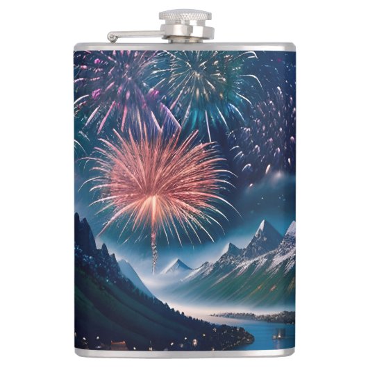 Twilight Mountain mit Feuerwerk Flachmann (Vorderseite)