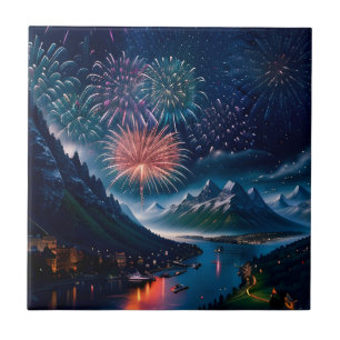 Twilight Mountain mit Feuerwerk Fliese