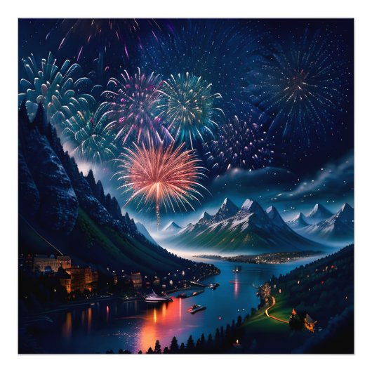 Twilight Mountain mit Feuerwerk Fotodruck (Vorne)
