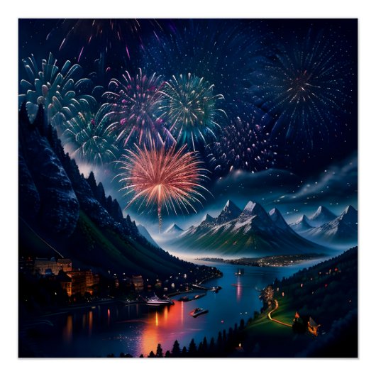 Twilight Mountain mit Feuerwerk Poster (Vorderseite)