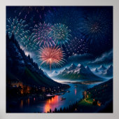 Twilight Mountain mit Feuerwerk Poster (Vorne)