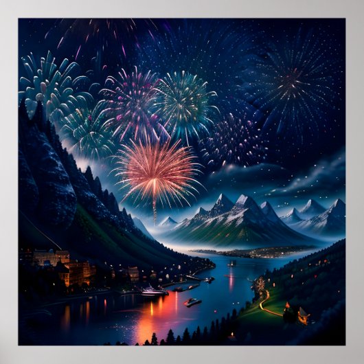Twilight Mountain mit Feuerwerk Poster (Vorne)