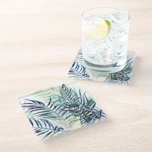 Twilight Palms - Tropische Blätter Glasuntersetzer (Schrägansicht)