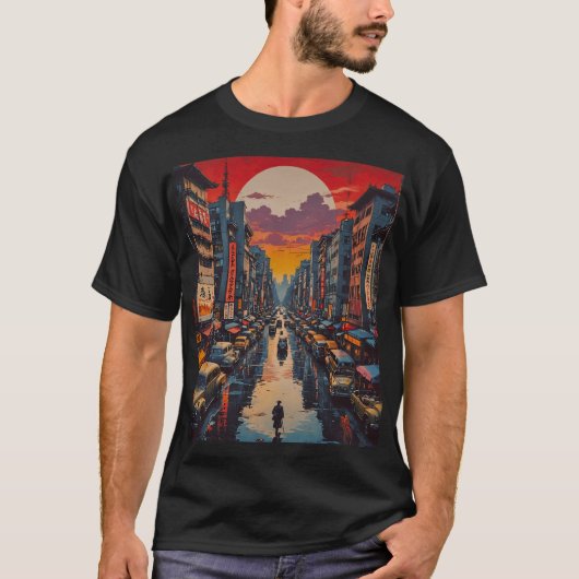 Twilight Reflection in Neon City T-Shirt (Vorderseite)