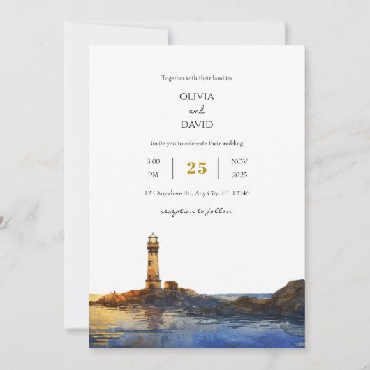 Twilight Rocky Lighthouse Watercolor Beach Hochzei Einladung (Vorderseite)