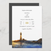 Twilight Rocky Lighthouse Watercolor Beach Hochzei Einladung (Vorne/Hinten)